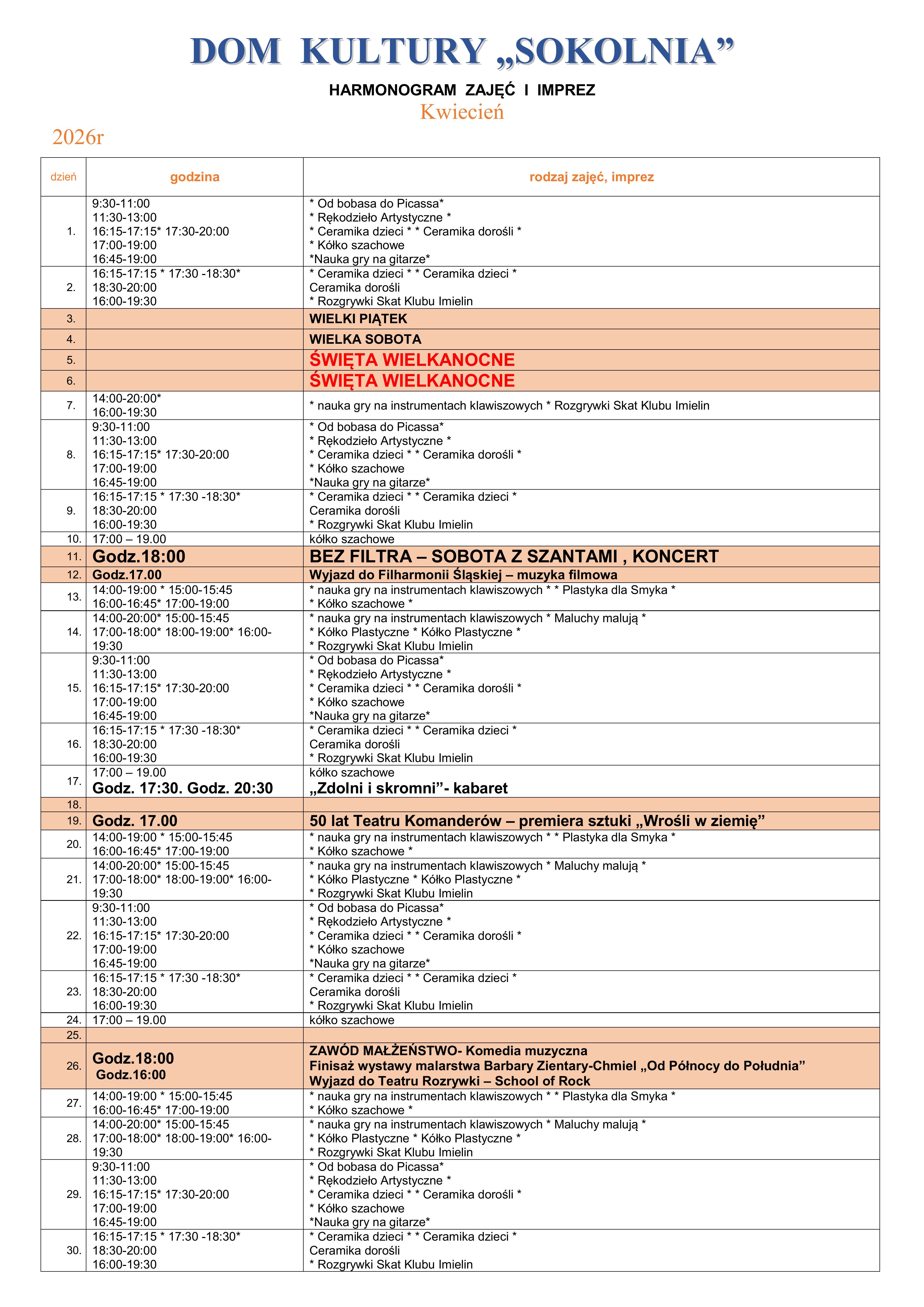 Harmonogram Sokolnia Kwiecień 2026